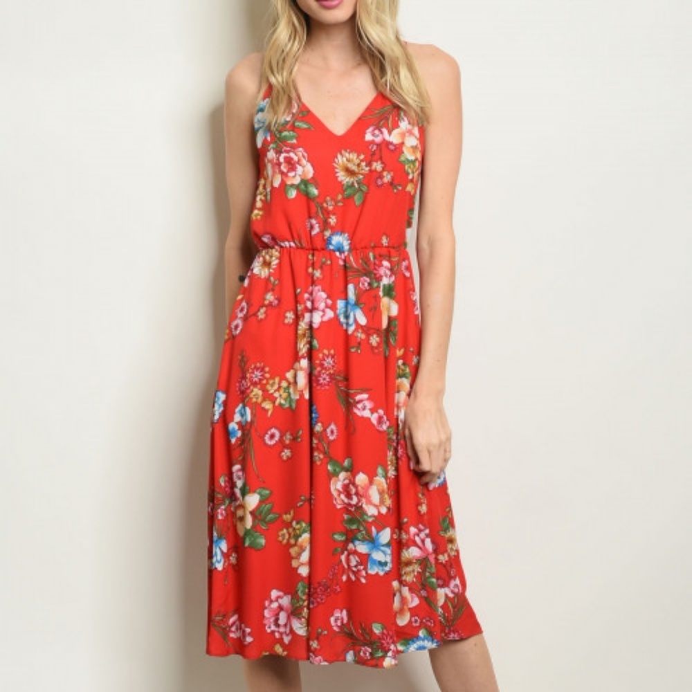 LAST 1! Gorgeous red floral v-neck midi dress - Picture 2 of 3